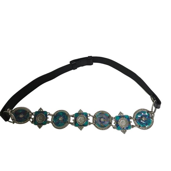 Chico's Vintage Black Leather Enamel Medalian Link Belt Size 30-34 - Picture 1 of 6